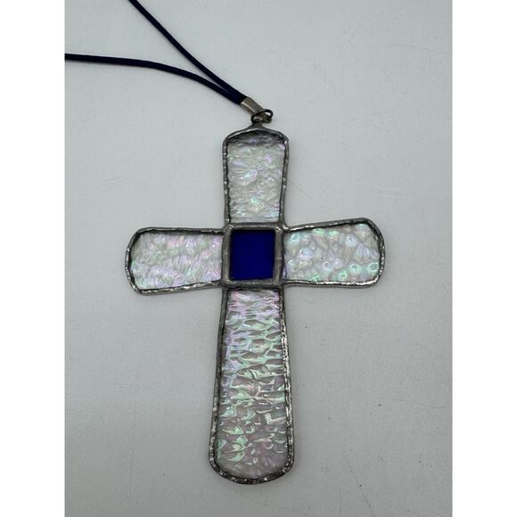 Vintage Stained Glass Cross Necklace Color Block Clear & Blue Design 6” - Picture 2 of 3